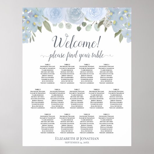 13 Tabelle Blauer Blumenstrauß Hochzeitstabelle Poster (Vorne)