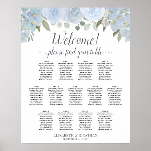 13 Tabelle Blauer Blumenstrauß Hochzeitstabelle Poster (Vorne)