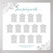 13 Tabelle Frily Wedding Seating Chart Weiß & Aqua Poster (Vorne)