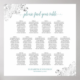 13 Tabelle Frily Wedding Seating Chart Weiß & Aqua Poster