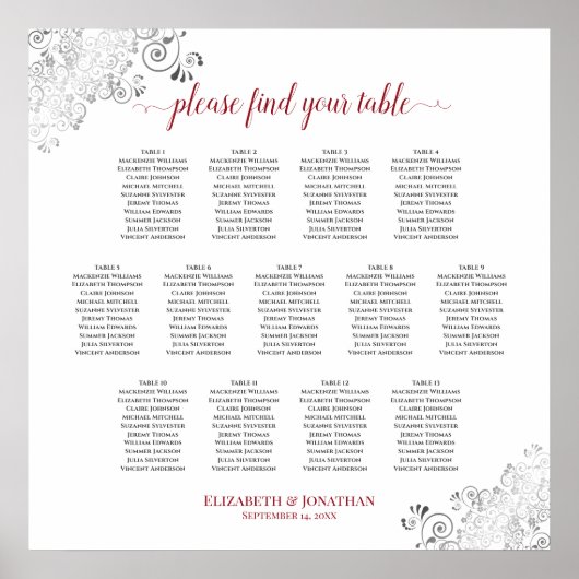 13 Tabelle Frily Wedding Seating Chart White & Red Poster (Vorne)