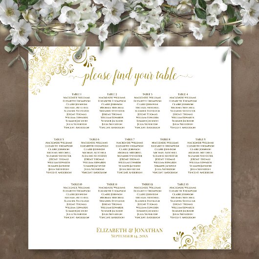 13 Tabelle Gold Frills White Wedding Seating Chart Poster