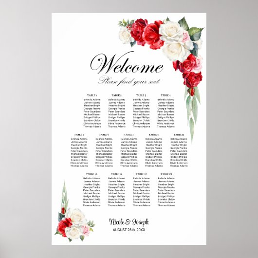 13 Tabelle Rot-Rose-Blumenmuster Poster (Vorne)
