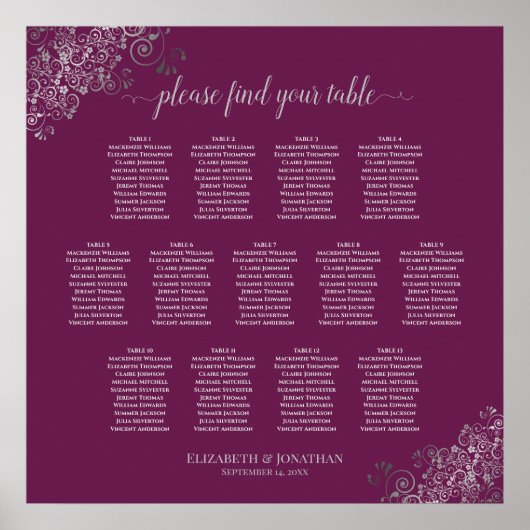 13 Tabelle Silver & Cassis Hochzeitskarte Poster (Vorne)