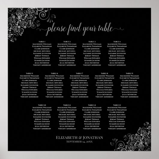 13 Tabelle Silver Frills Black Wedding Seating Cha Poster (Vorne)