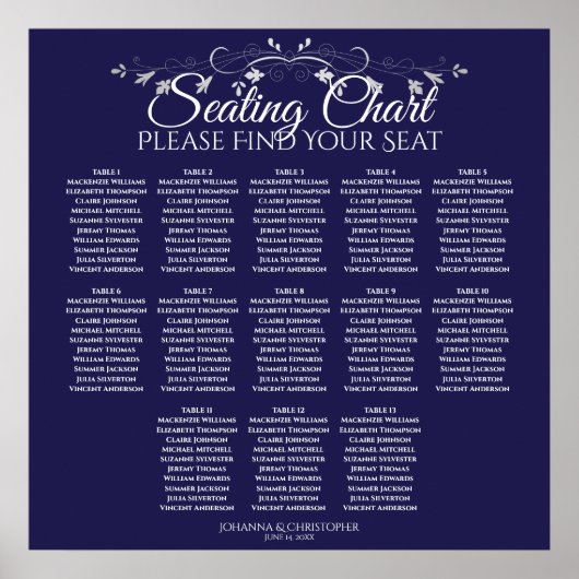 13 Table Elegant Navy Blue Wedding Seating Chart Poster (Vorne)