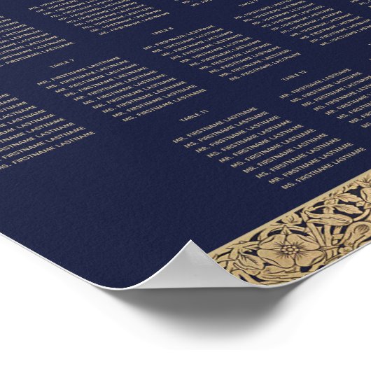 13 Table Navy Blue Wedding Seating Chart Gold Rose Poster (Ecke)