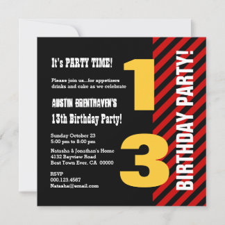 13. Teen Birthday Modern Red Black STripes A05 Einladung