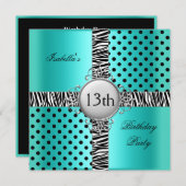 13. Teen Birthday Party Aquamarin Blue Black Zebra Einladung (Vorne/Hinten)