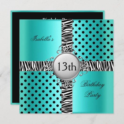 13. Teen Birthday Party Aquamarin Blue Black Zebra Einladung (Vorne/Hinten)