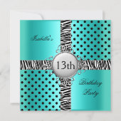 13. Teen Birthday Party Aquamarin Blue Black Zebra Einladung (Vorderseite)