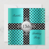 13. Teen Geburtstagsparty Aquamarin Blue Black Pol Einladung (Vorderseite)