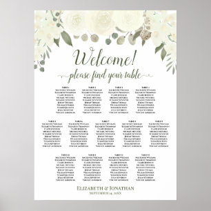 13 Tische Elfenbein Weiß Floral Hochzeits-Sitzplan Poster