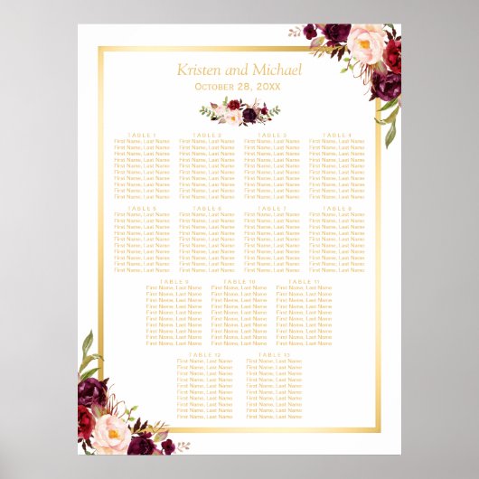 13 Tische Hochzeitssitze Gold Burgund Blumen Poster (Vorne)