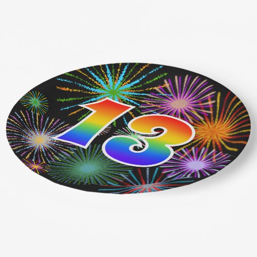 13. Veranstaltung - Spaß, farbenfroh, kühl, Regenb Pappteller (Schrägansicht)