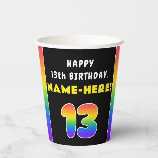 13th Birthday: Colorful Rainbow # 13, Custom Name Pappbecher (Rückseite)