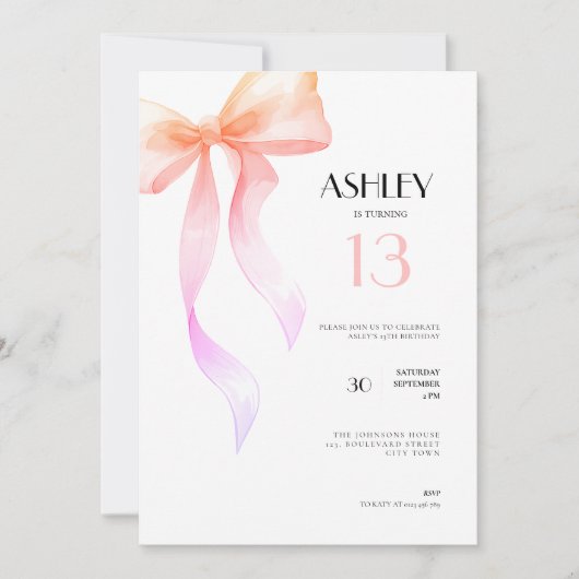 13th Birthday Invitation Pink Bow for Girls Einladung (Vorderseite)