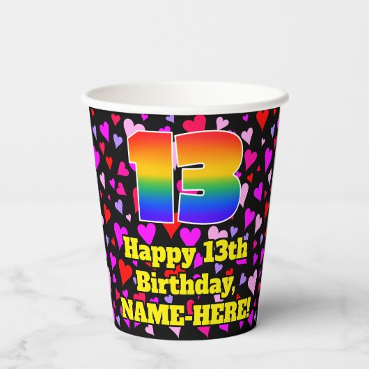13th Birthday: Loving Hearts Pattern, Rainbow 13 Pappbecher (Rückseite)