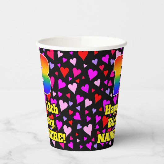 13th Birthday: Loving Hearts Pattern, Rainbow 13 Pappbecher (Links)