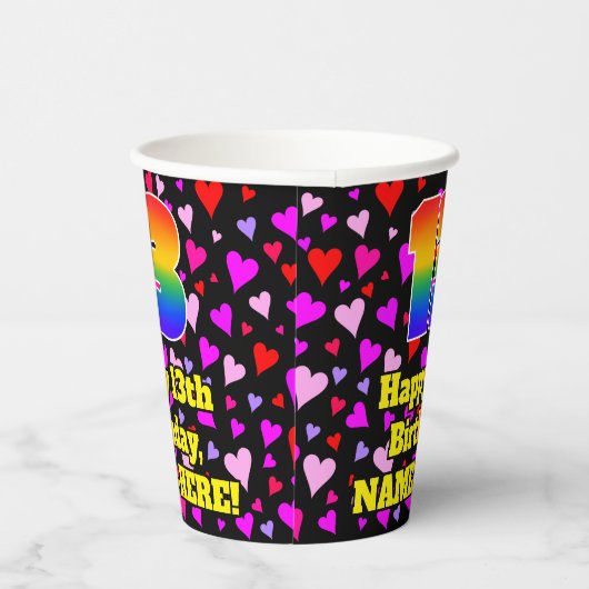 13th Birthday: Loving Hearts Pattern, Rainbow 13 Pappbecher (Rechts)