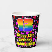 13th Birthday: Loving Hearts Pattern, Rainbow 13 Pappbecher (Vorderseite)