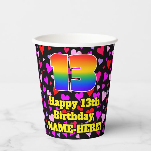 13th Birthday: Loving Hearts Pattern, Rainbow 13 Pappbecher (Vorderseite)
