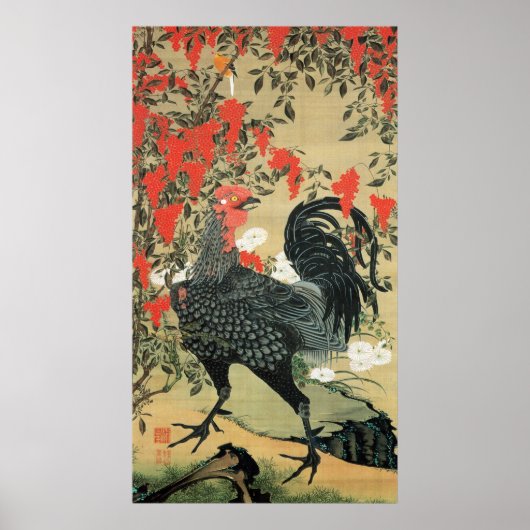 14. 南 天 雄 図, 若 Rote Nuts und Rooster, Jakuchu, 鶏 Poster (Vorne)
