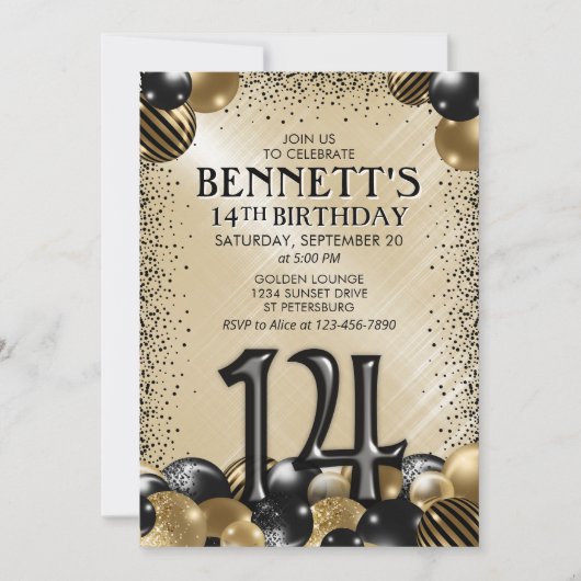 14. Balloons Black Gold Geburtstag Einladung (Vorderseite)