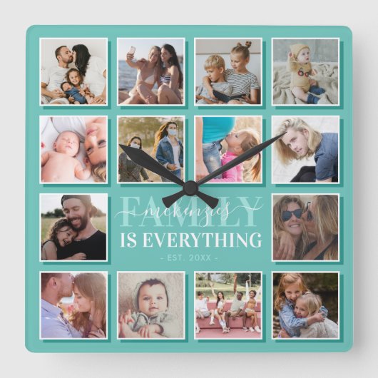 14 Familienname für Fotocollage Aquamarin Quadratische Wanduhr (Vorderseite)