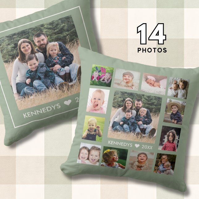 14 Family Photo Collage Create Your Own Sage Green Kissen (Von Creator hochgeladen)