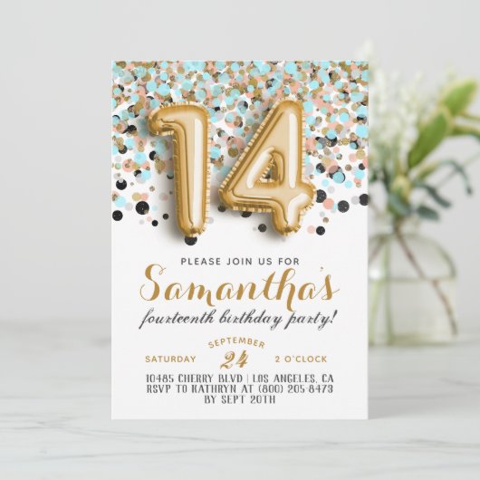 14. Geburtstag Confetti Einladung (Stehend Vorderseite)