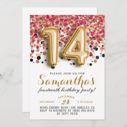 14. Geburtstag Confetti Einladung (Vorne/Hinten)