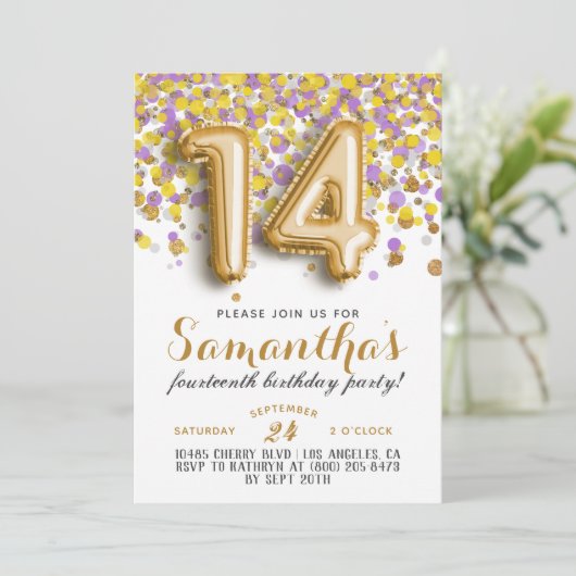 14. Geburtstag Confetti Einladung (Stehend Vorderseite)