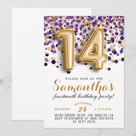 14. Geburtstag Confetti Einladung (Vorne/Hinten)