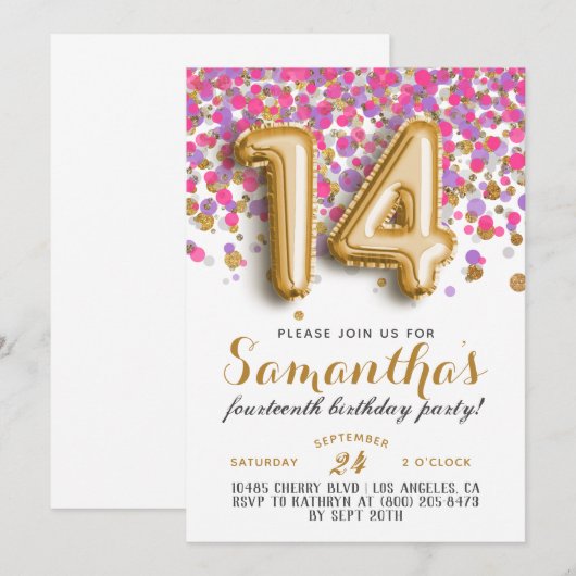 14. Geburtstag Confetti Einladung (Vorne/Hinten)