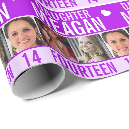 14. Geburtstag drei Fotos lila Tochter Geschenkpapier (Rolleneckpunkt)