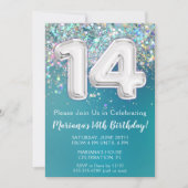 14. Geburtstag Einladung Aquamarin Silber Glitzer (Vorderseite)