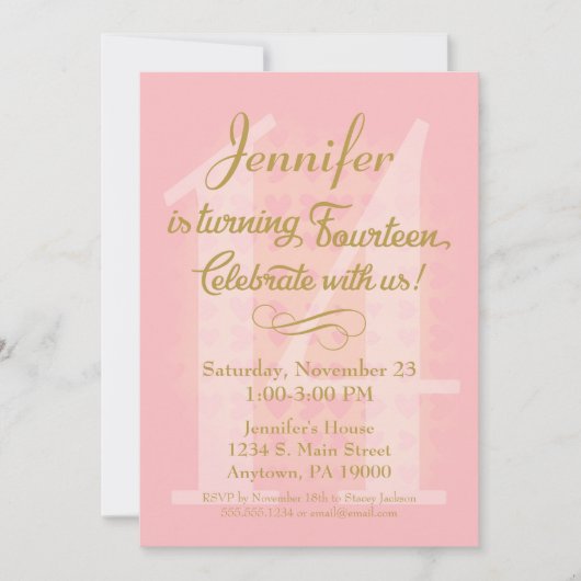 14. Geburtstag Einladung Girls Pink Goldene Herzen (Vorderseite)