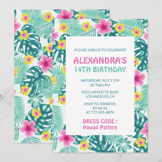 14. Geburtstag Einladungen Tropical Hawaii Muster (Vorne/Hinten)