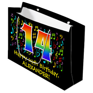 14. Geburtstag - Farbige Musiksymbole, Regenbogen  Große Geschenktüte