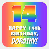 14. Geburtstag: Farbiges, lustiges Regenbogenmuste Quadratischer Aufkleber (Vorderseite)
