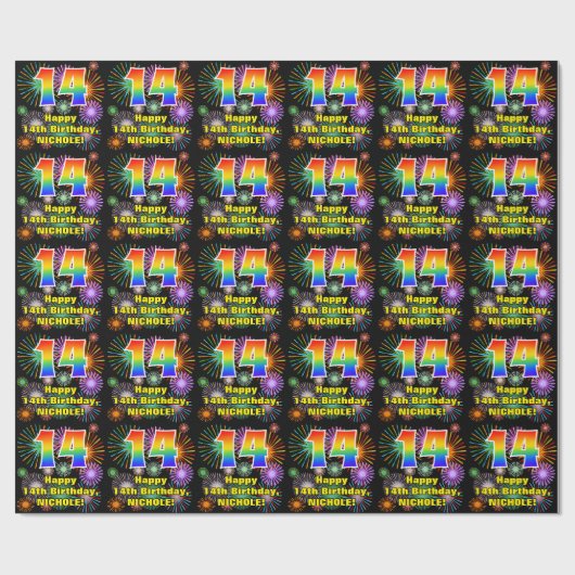 14. Geburtstag: Fun Fireworks, Rainbow Look # "14" Geschenkpapier (Flach)