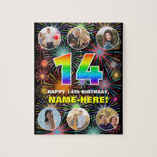 14. Geburtstag: Fun Rainbow #, Individuelle Name + Puzzle (Vertikal)