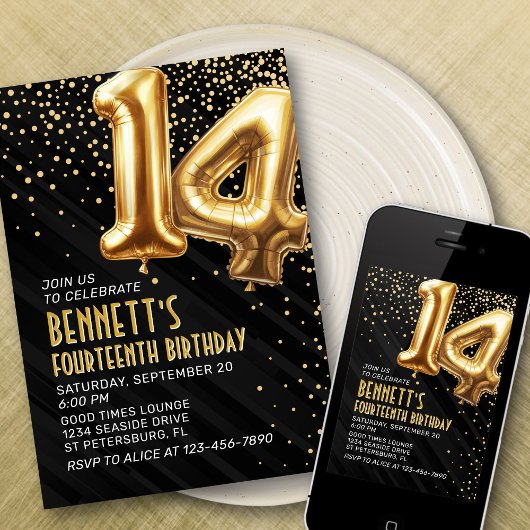 14. Geburtstag Gold Black Einladung