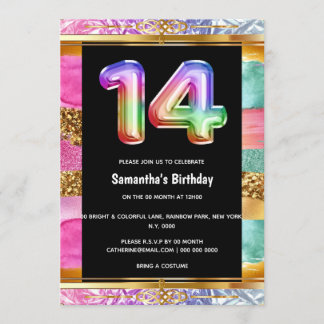 14. Geburtstag Regenbogen Glitzer buntes Party Einladung