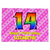 14. Geburtstag: Rosa Streifen & Herz, Regenbogen # Große Geschenktüte (Rückseite)