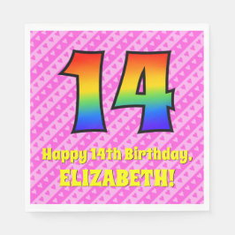 14. Geburtstag: Rosa Streifen & Herz, Regenbogen # Serviette