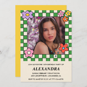 14. Geburtstagsfeier für Mädchen Retro Groovy Blum Einladung