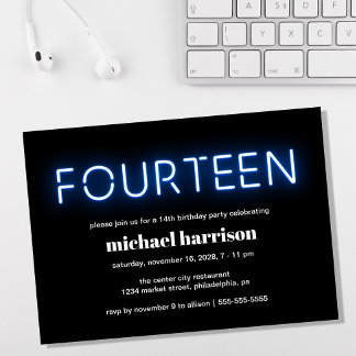 14. Geburtstagsparty Blue Neon Lights Einladung