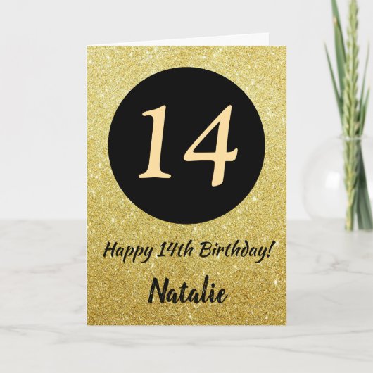 14. Happy Birthday Black and Gold Glitzer Card Karte (Vorderseite)